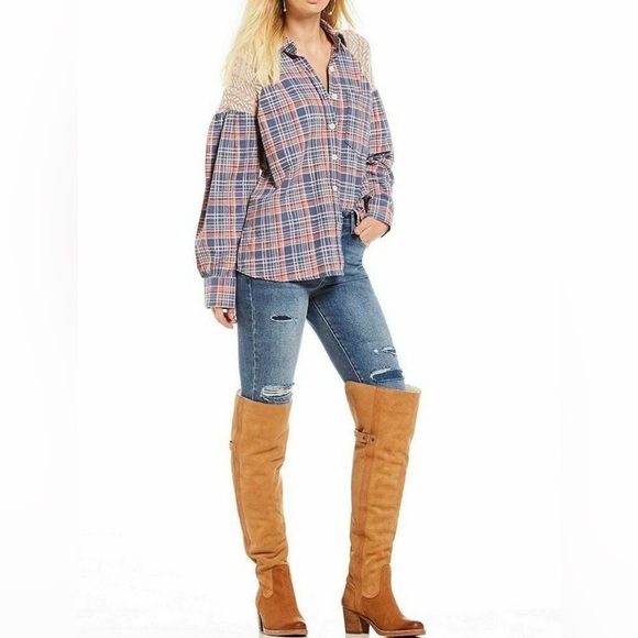 Free People Jackets & Blazers - FREE PEOPLE Fireside Nights Plaid & Knit Long Sleeve Blouse Cloudy Combo Size S